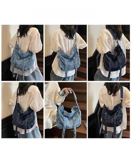 Detail of vintage denim crossbody bag showing multi-pocket design and Y2K aesthetic