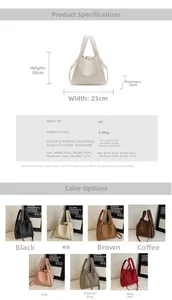 Detailed size specifications and material chart for the PU leather bucket tote bag
