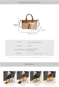 Detailed spec sheet of vintage straw tote bag with size info and PU lace pearl detail