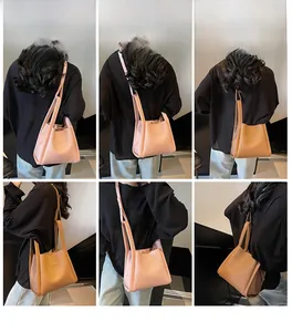 Detailed views of lychee texture bucket bag with dual handles and shoulder strap