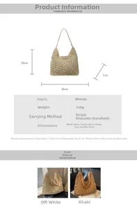 Size chart showing 34x26x7cm dimensions for the woven summer straw tote bag