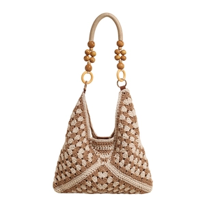 Bohemian crochet shoulder bag with hollow geometric patterns and wooden bead handles