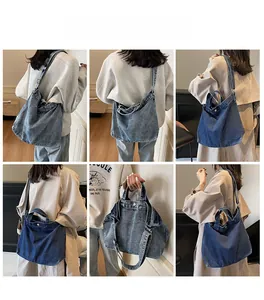 Collage of large denim tote bag showing various carrying styles from multiple angles