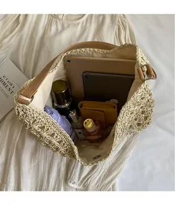 Top view of large capacity beige woven tote bag showing spacious interior with daily items