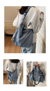 Detailed views of a blue washed denim tote bag with handles and an adjustable shoulder strap