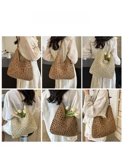 Detailed views of hollow-out straw tote bags in brown and beige with leather straps