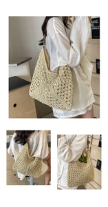 Détails du grand sac cabas tissé avec motif ajouré et bandoulière en cuir marron
