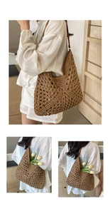 Détail du sac cabas en paille tissée avec lanières en cuir marron et maille losange