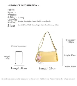 Size comparison and specifications chart for yellow nylon crossbody shoulder bag
