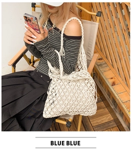 Detail showing the white woven mesh texture and drawstring handle of the summer tote bag