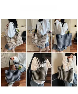 Detailed views of striped straw tote bags with leather handles shown in various settings