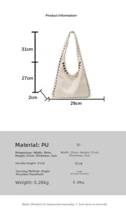 Size specifications of white PU hobo bag with silver studs showing dimensions and weight