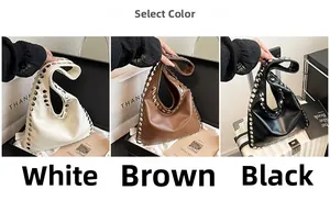 Minimalist hobo bags with metallic rivet trim in white, brown, and black color options