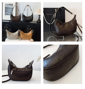 Collage showing crescent bags in four colors with back zipper pocket and texture details
