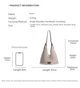 Specifiche dettagliate del borsone in paglia 37x22cm con confronto dimensioni per iPhone
