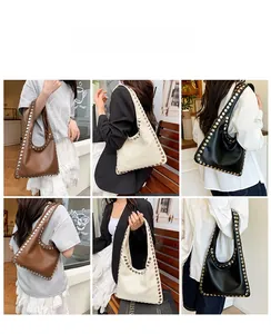 Collage of chic studded hobo bag in three colors shown across various street style angles