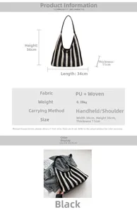 Detailed chart showing striped woven tote bag dimensions of 34x36x11cm and material specs
