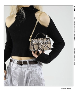 Chic snakeskin pattern mini handbag featuring a sleek gold chain strap on a model