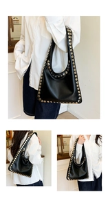 Détail du sac hobo noir à rivets dorés présenté sur un lookbook de mannequin en trois vues