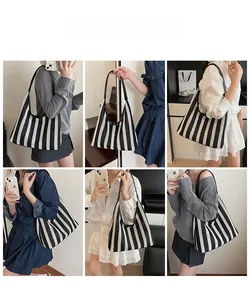 Detailed views of a black and white striped knit tote bag styled with various outfits