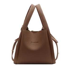 Brown litchi grain leather bucket bag with double handles and gold metal rivets