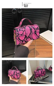 Dettaglio della mini borsa fucsia motivo serpente con tracolla a catena dorata