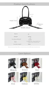 Detailed view of PU bow handbag specs and multi-color options including rivets