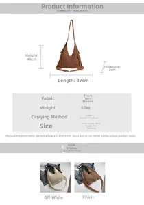 Detailed size specifications for handmade woven tote bag measuring 37x40cm in two colors