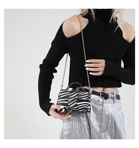 Close-up of zebra pattern crossbody bag featuring a golden ball chain and flap closure