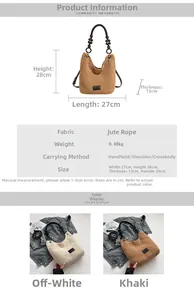 Detailed dimension guide for woven bucket bag showing 27x28x13cm size with wood bead handle