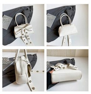 Detail view of white bow handbag with silver studs from multiple angles and perspectives