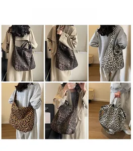 Detailed views of leopard print canvas tote bags in various colors on models