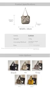 Detailed size specifications and multi-color options for the large canvas tote bag