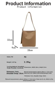 Detailed size and dimension specs for the large capacity brown PU leather bucket bag