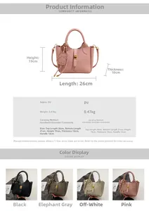 Size guide for PU leather bucket bag with dimensions and strap options in four colors