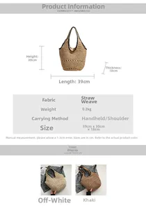 Detailed size specifications for woven hollow tote bag showing dimensions and materials