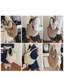 Detailed views of women's woven hollow tote bag shown in khaki and beige on models