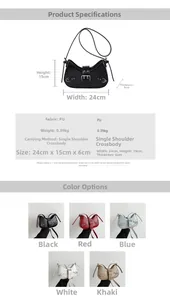 Detailed size chart for crescent bag showing dimensions 24x15x6cm and material info