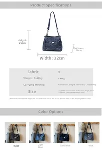 Detailed size guide and specifications for the denim tote bag with 32x25x10cm measurements