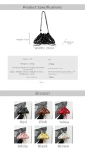 Detailed size chart and multi-color options for the rivet metallic shoulder bucket bag