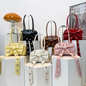 Women Y2K Sweet Cool Bow Rivet Shoulder Bag PU Leather Stylish Armpit Handbag For Summer Daily Casual Underarm Bag