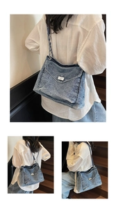 Detail of blue denim shoulder bag showing washed texture and silver chain strap