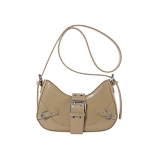 Retro khaki crescent shoulder bag with adjustable buckle strap and silver hardware