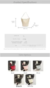 Detail view of crocodile pattern PU bucket bag dimensions and multiple color options