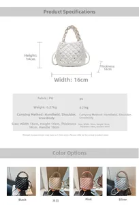 Detailed size specifications and color options for the quilted rhinestone bucket bag