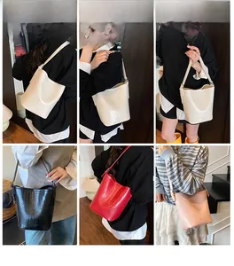 Collage of crocodile pattern bucket bags in multiple colors shown on a female model