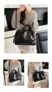 Detailed views of a black pleated leather handbag featuring adjustable shoulder straps