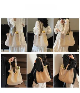 Collage of model wearing beige straw tote bag with large capacity for casual commuting