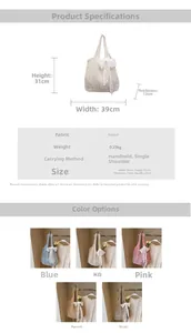 Detailed size specifications of the knitted tote bag with dimensions and lace bow accent