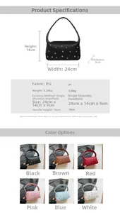 Detailed size specifications and color comparison for rivet studded underarm pillow bag